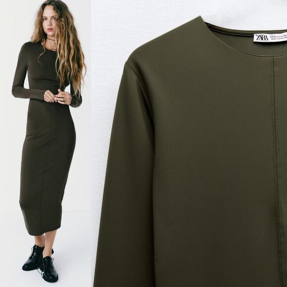 NEW Zara Olive Dark Green Fitted Polyamide Midi Dress S Sleek Stretchy Knit Slim - Picture 5 of 8